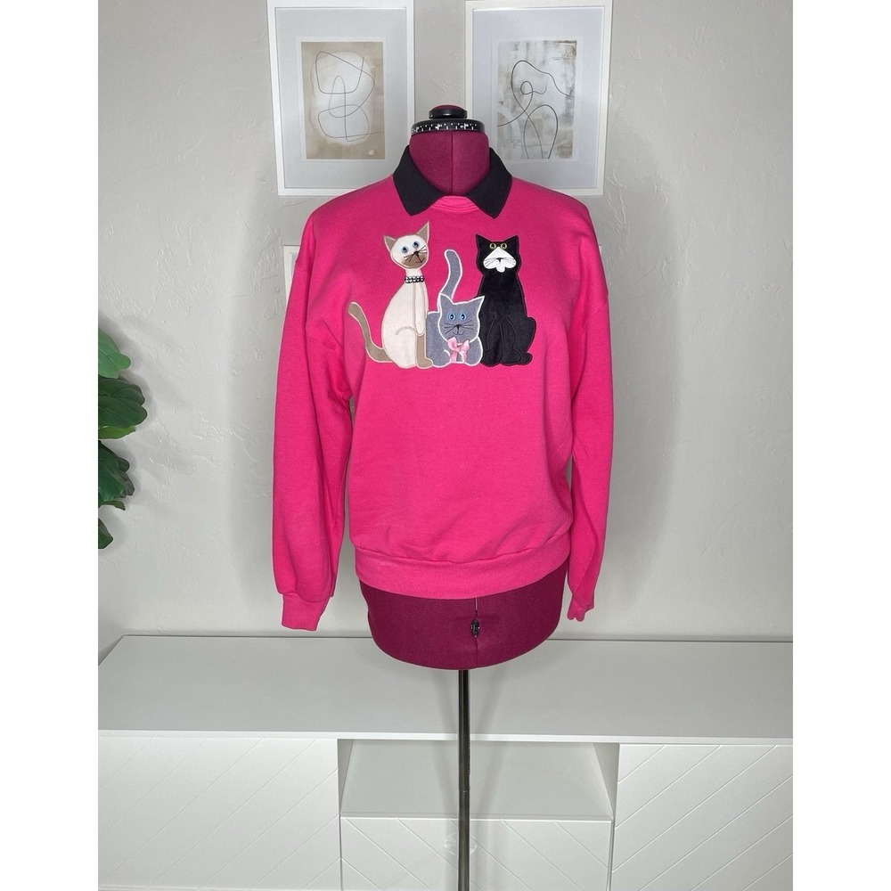 Vintage 90's Jerzees Sweatshirt Women's L Cats Pullover Pink Collared - Picture 1 of 9